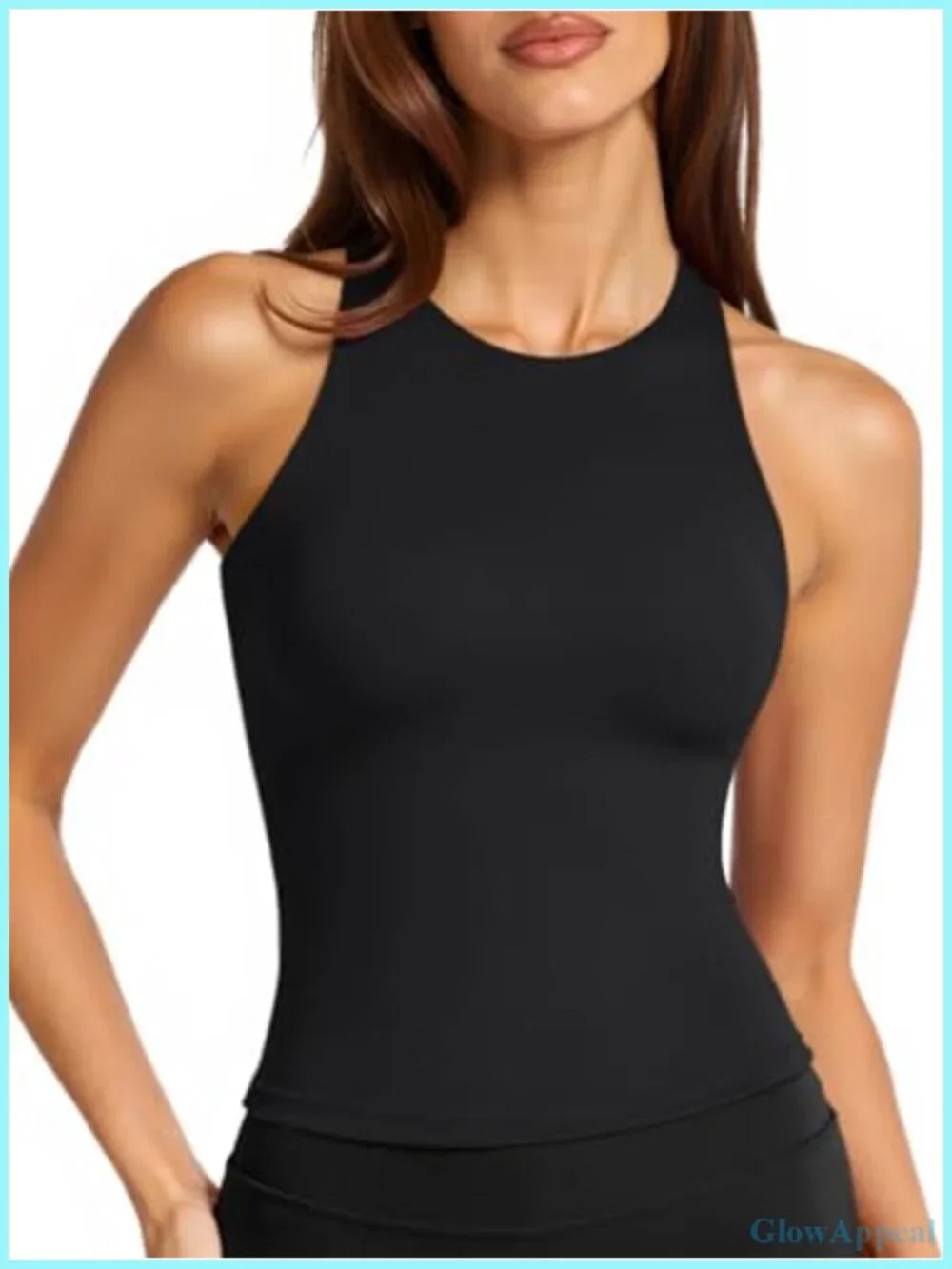 High Neck Tank Top with Built in Bra, Strappy Back, Removable Pads, Compression